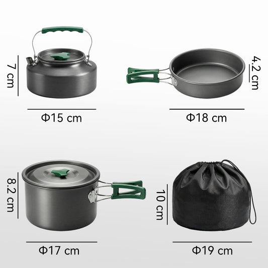 Outsunny Camping Cookware Set for 2-3 People, Ultralight Aluminium Camping Cooking Kit with Anti-Scald Handles, Grey