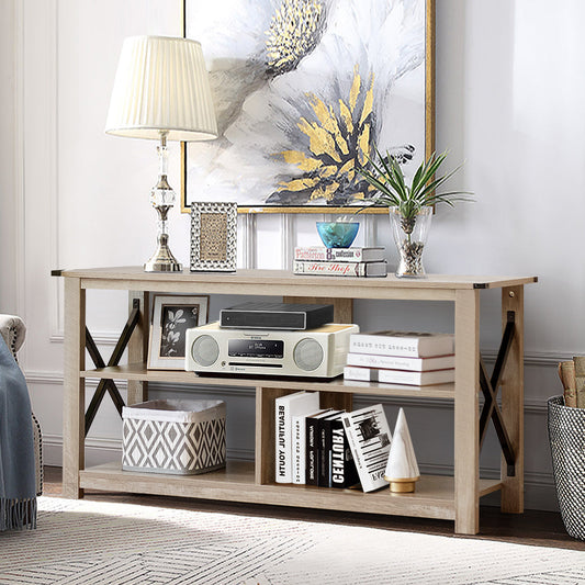 3-Tier Rustic TV Stand with Open Shelves and Cable Management-Brown