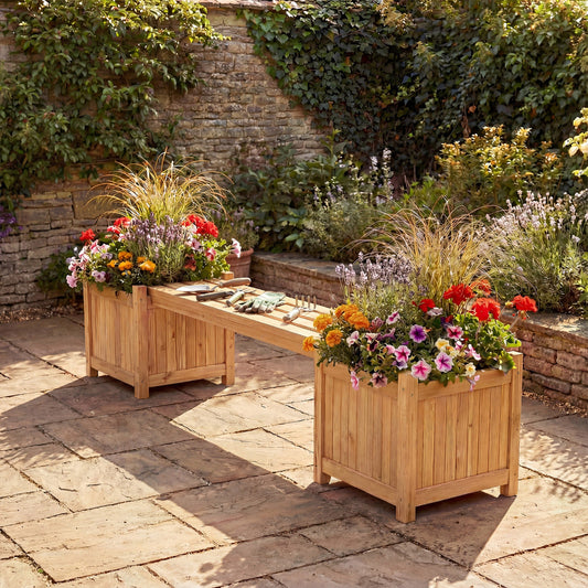 3-in-1 Outdoor Planter Box with Bench and 2 Side Garden Beds-Natural