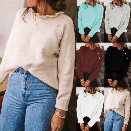 Fashionable Loose-Fit Solid-Color Knitted Sweater With Buttons And Ruffle Neck Long-Sleeve Top