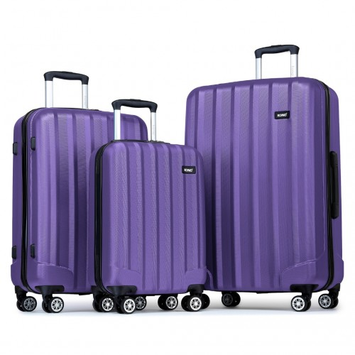 K1773-1L - Kono 19/24/28 Inch 3 Piece Set Striped ABS Hard Shell Luggage with 360-Degree Spinner Wheels - Purple