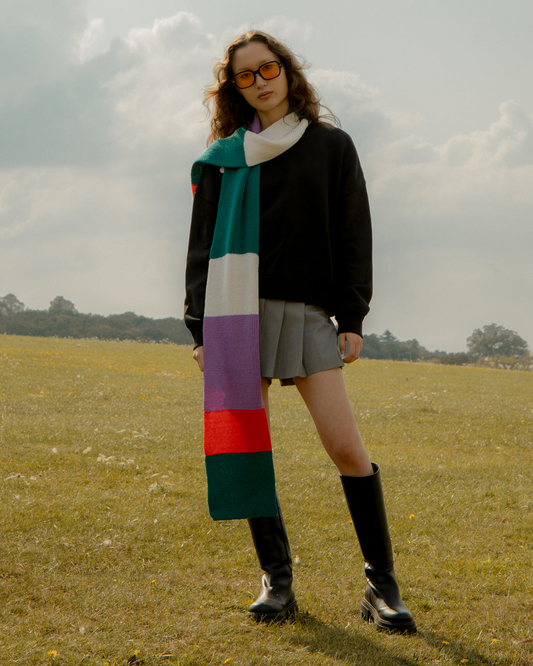 Ribbed Colour Block Wool & Cashmere Scarf Lilac & Teal