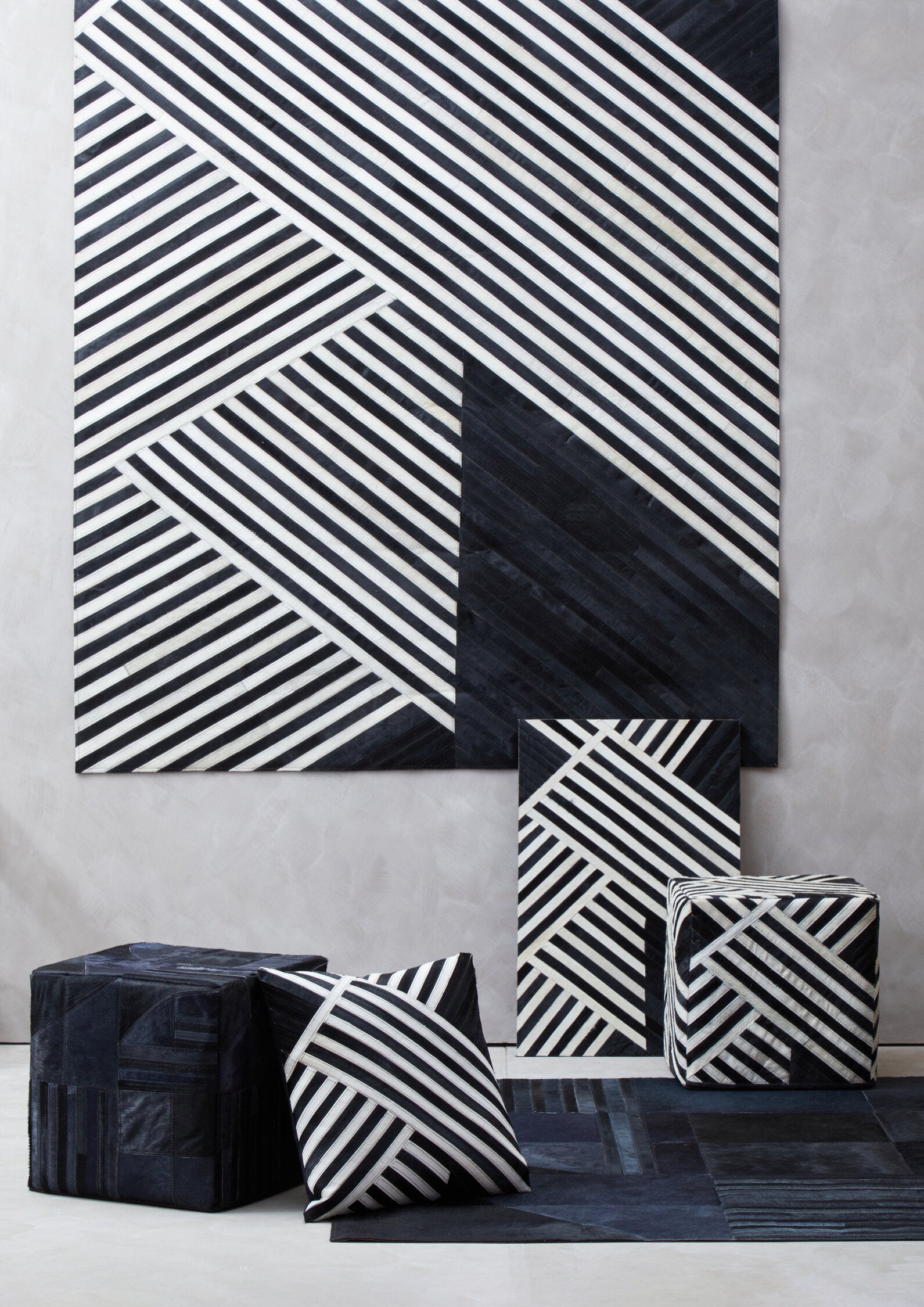 Bosie Safira Black And Grey Deco Hair on Leather Pouffe