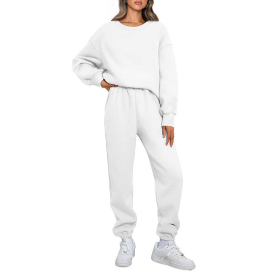 Winter Solid-color Fashionable Crew-neck Pullover With Fleece Lining