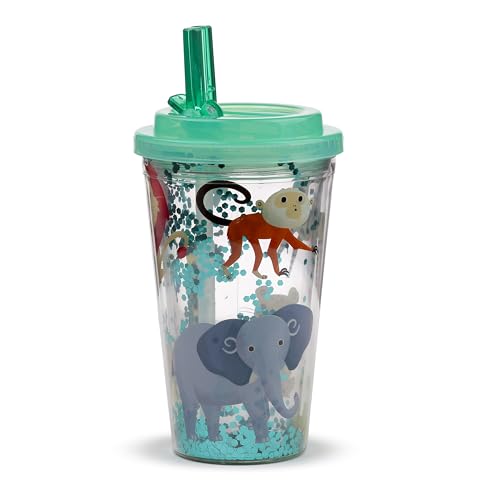 Puckator Shatterproof Zooniverse Double Walled Cup & Straw - Insulated Tumbler - Cups with Lids and Straws for Adults Children - Travel Thermal Cup with Straw - Water Bottles with Staw