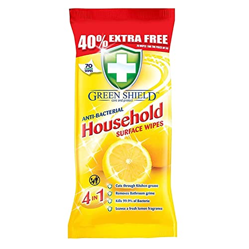Greenshield, Large Antibacterial Household Surface Cleaning Wipes, Lemon, 70 Count