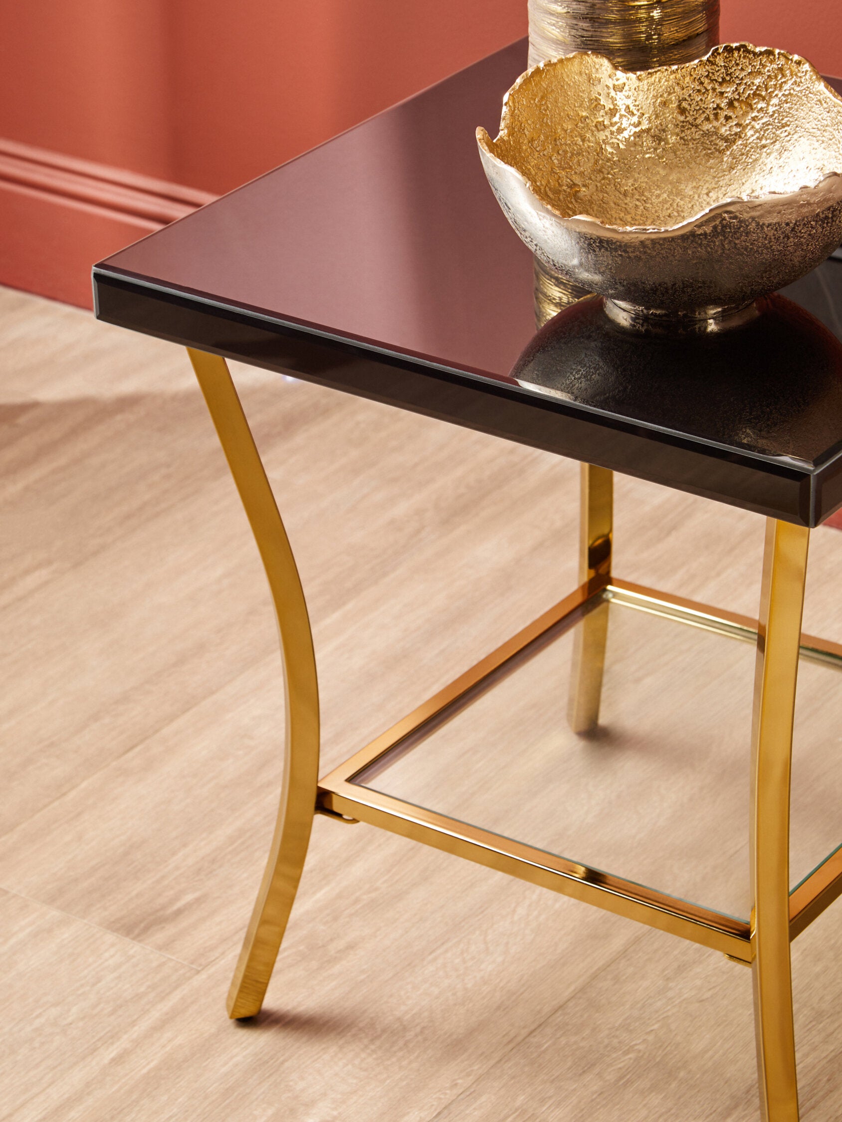 Kensington Townhouse Black Mirror Side Table with Gold Legs