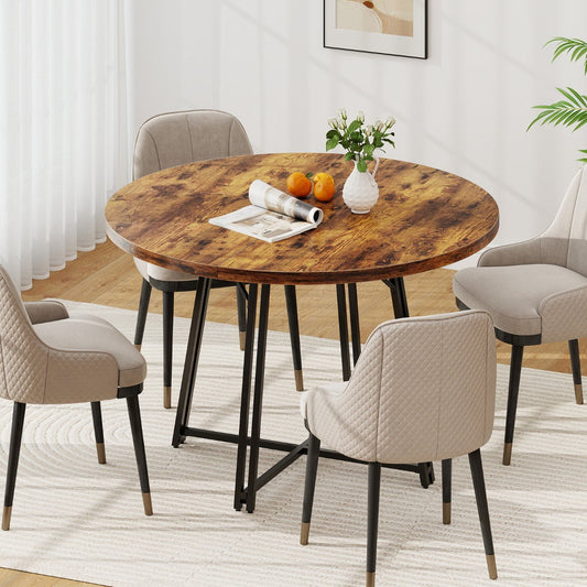 47 Inch Dining Table for 4-6 People Round Kitchen Table with 8 Metal Supporting Legs and Cross Base-Brown