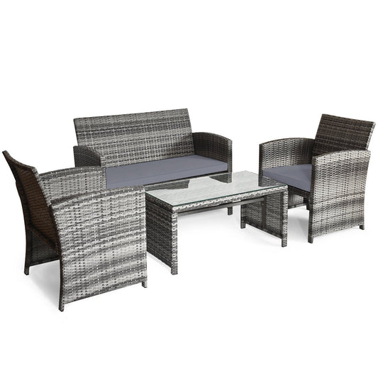 4 Pieces Patio Furniture Set with Cushions and Coffee Table-Grey