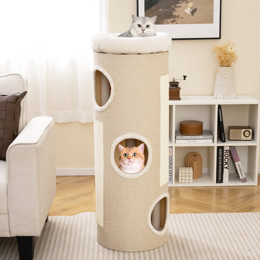 4-Story Cat House for Multiple Cats Elevated Cat Cave Bed-Beige
