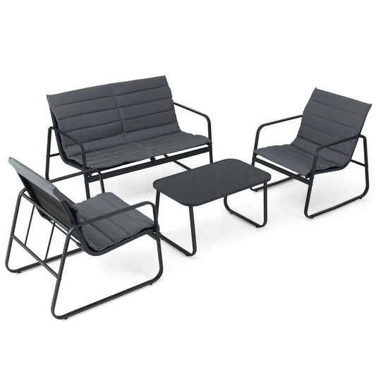 4 Pieces Patio Conversation Set with Cushions and Tempered Glass Coffee Table-Grey