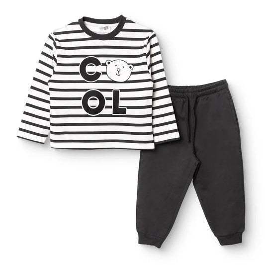 HelloBaby Boys Tracksuit Set Bear Print Lace-up Cool Boy Crew Neck Full Length Long Sleeve - Black Printed
