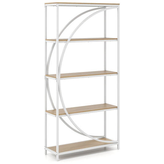 5-Tier Industrial Etagere Bookshelf with Open Storage Shelves and Arc-Shaped Design-Natural