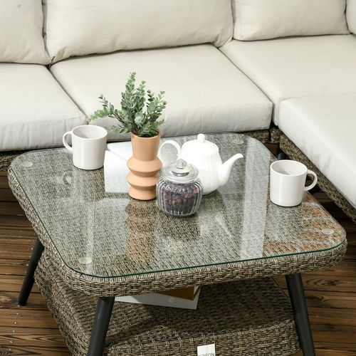 5 PCS Rattan Corner Sofa, Rattan Garden Furniture w/ Glass Top Two-tier Table | Luxury Home Accessories | Heulog Glow