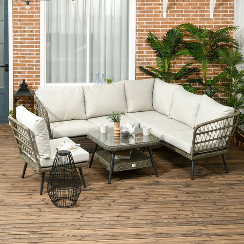 5 PCS Rattan Corner Sofa, Rattan Garden Furniture w/ Glass Top Two-tier Table | Luxury Home Accessories | Heulog Glow