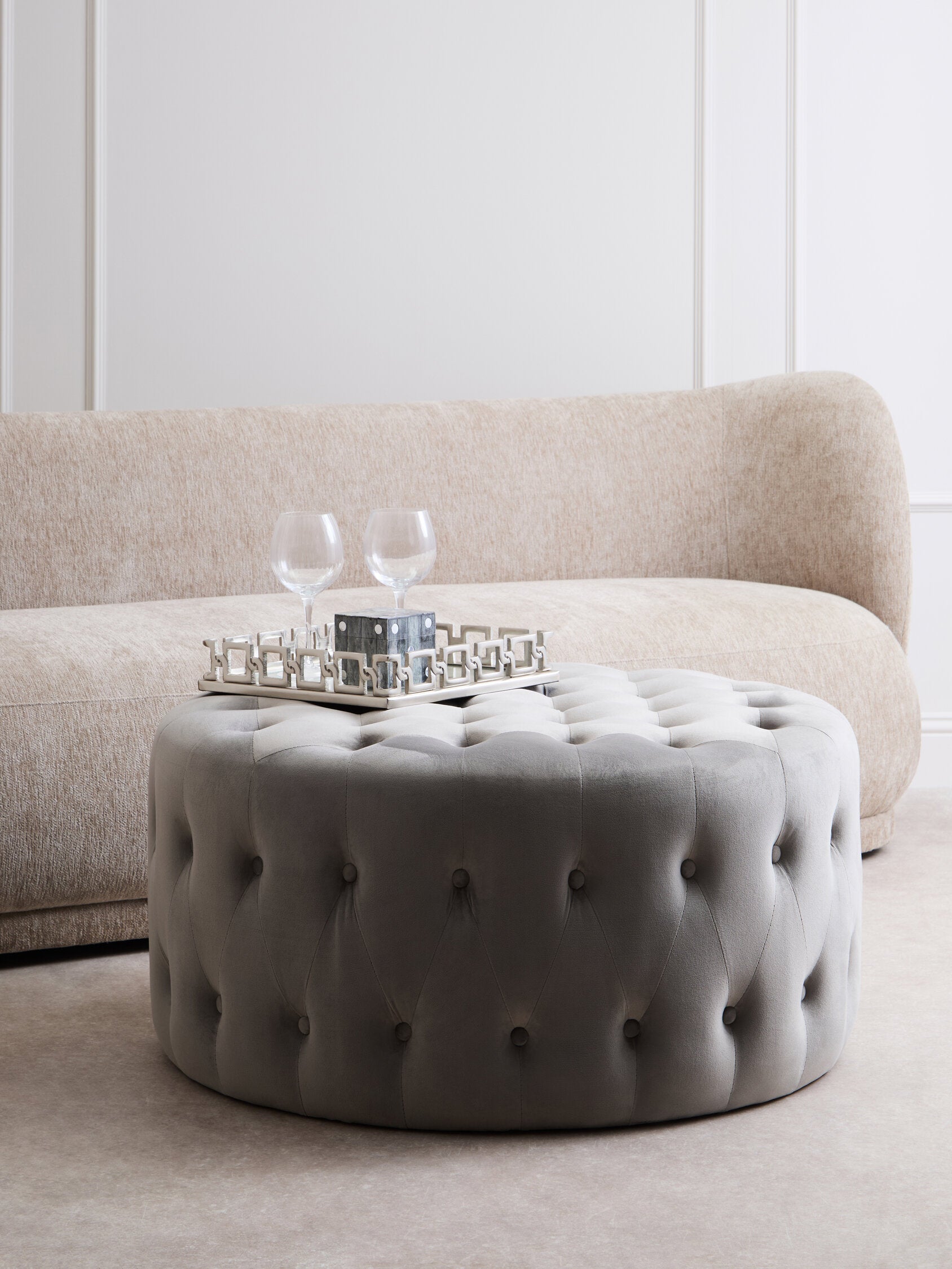 Haley Grey Velvet Round Tufted Footstool