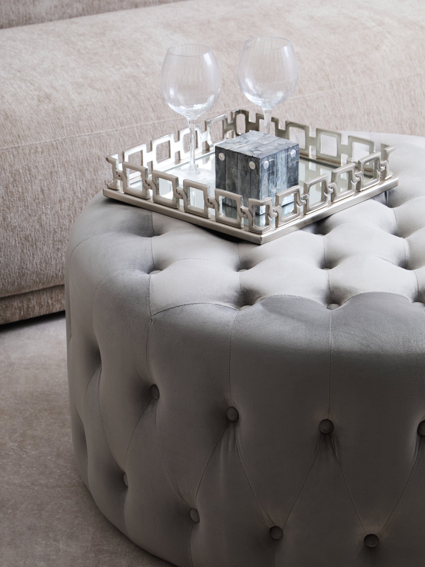 Haley Grey Velvet Round Tufted Footstool