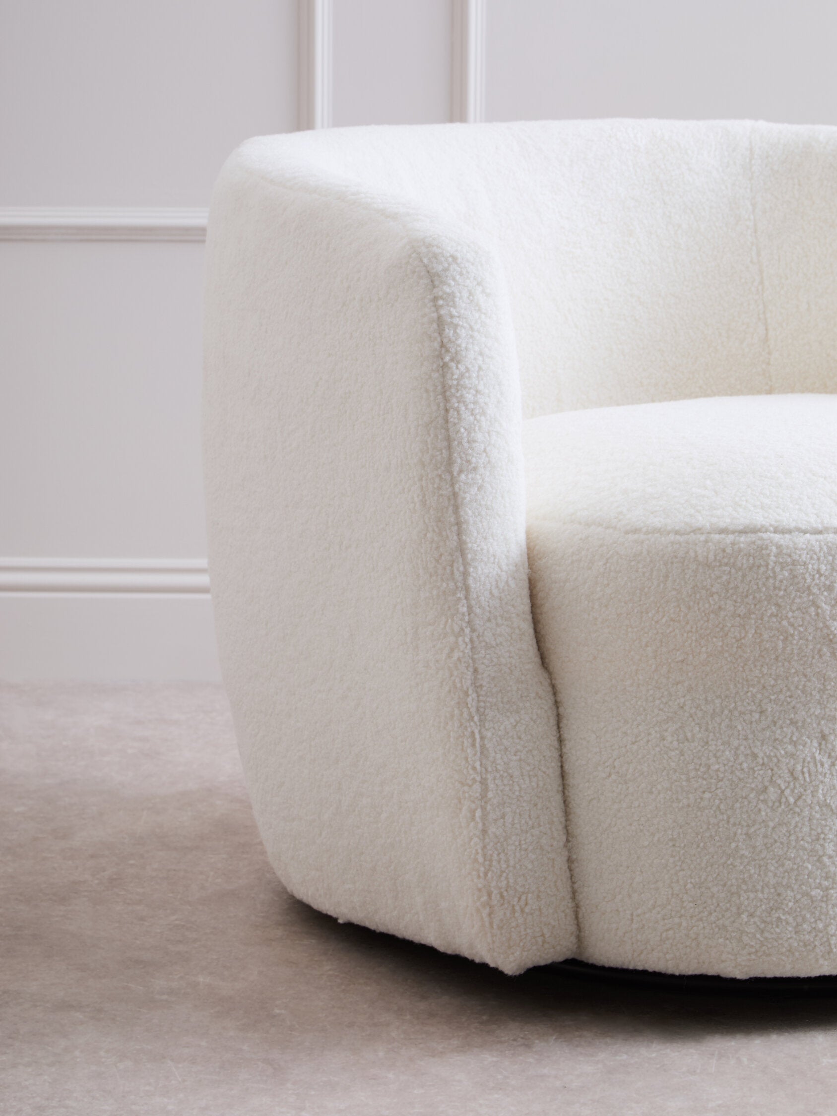 Montreal Ivory Boucle Effect Curved Lounge Chair With Swivel Base