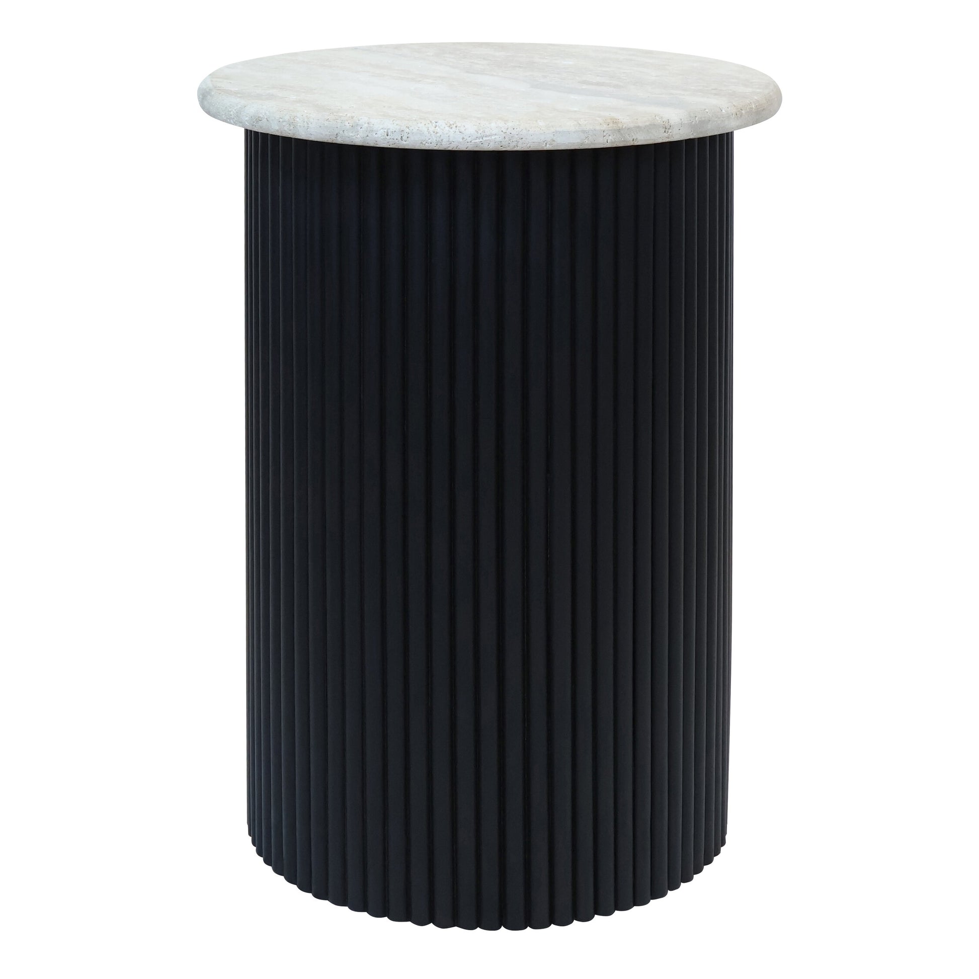 Walton Travertine Top Side Table with Black Acacia Wood Base