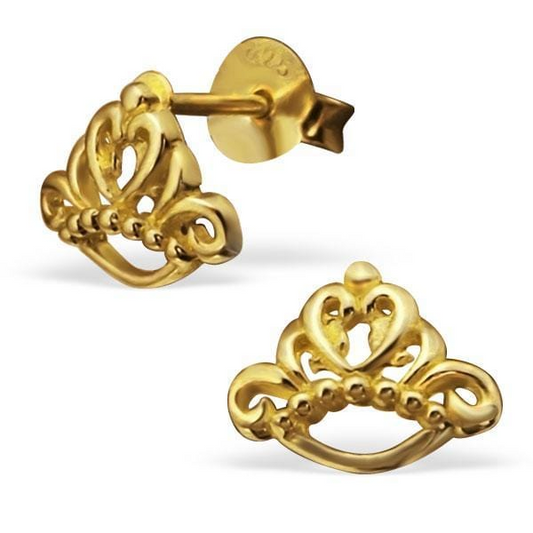 14 K Gold Plated Kids Silver Crown Stud Earrings
