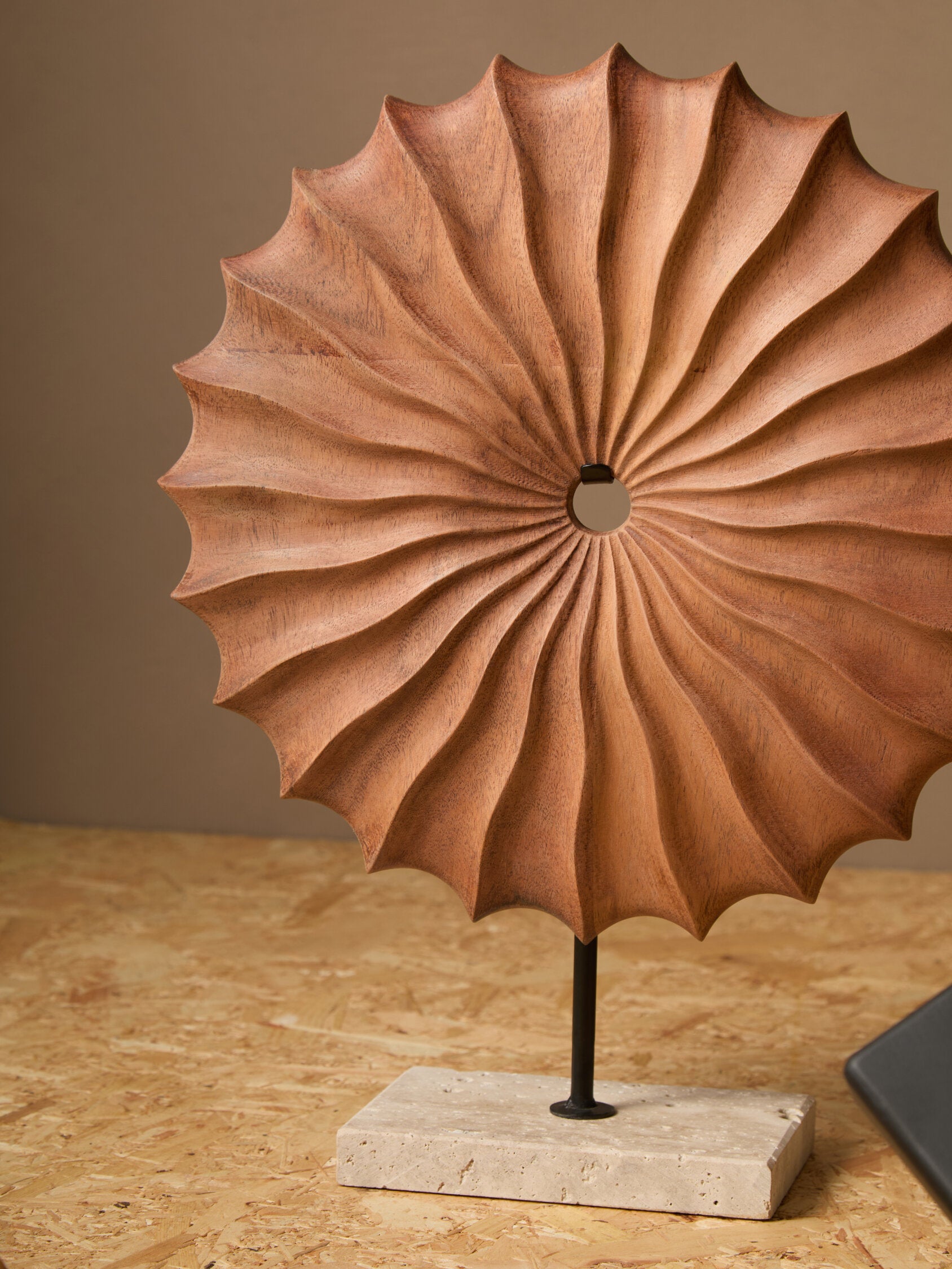 Westo Natural Wood Round Sculpture with Travertine Base