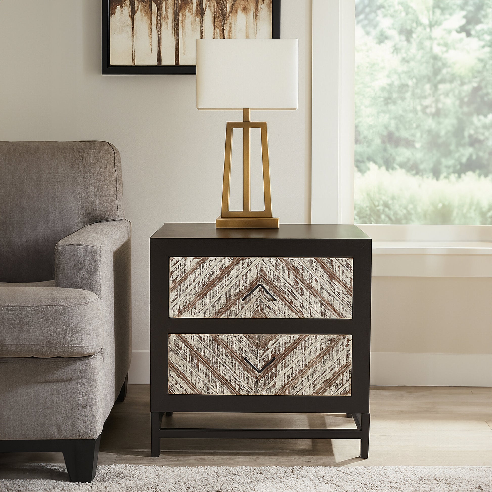 Lombok Rustic Chevron and Black 2 Drawer Bedside Table