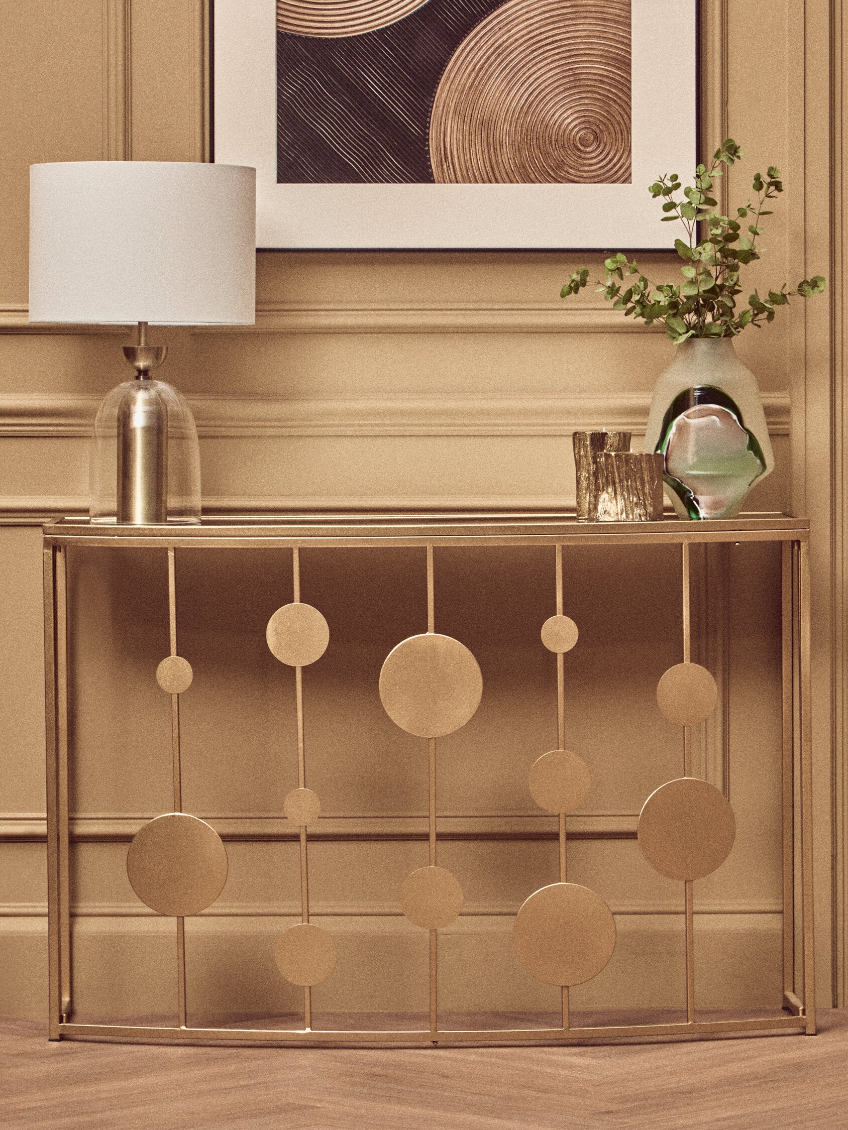 Farran Champagne Gold Finish Console Table With Mirror Top