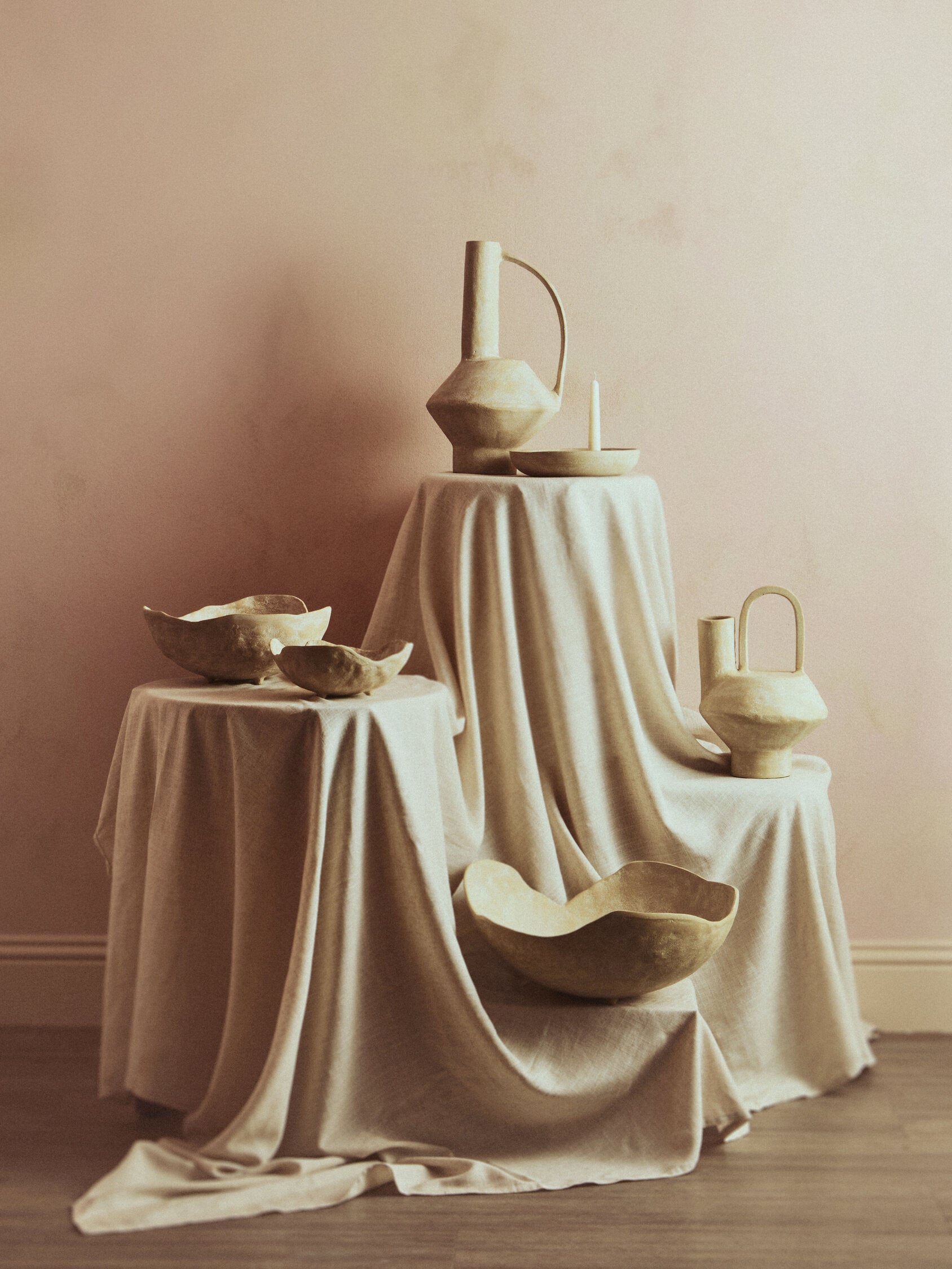 Densita Set of Two Textured Beige Whitewash Bowls
