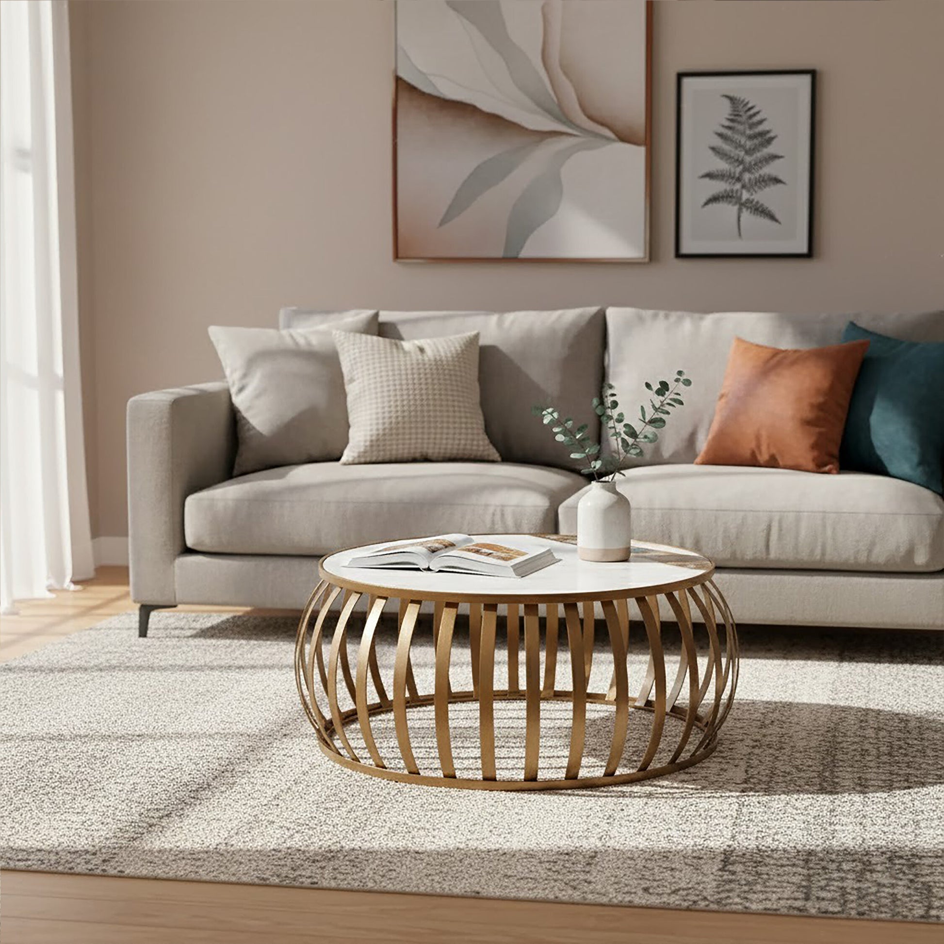 Vizzini Marble and Agate Round Coffee Table with Antique Brass Base