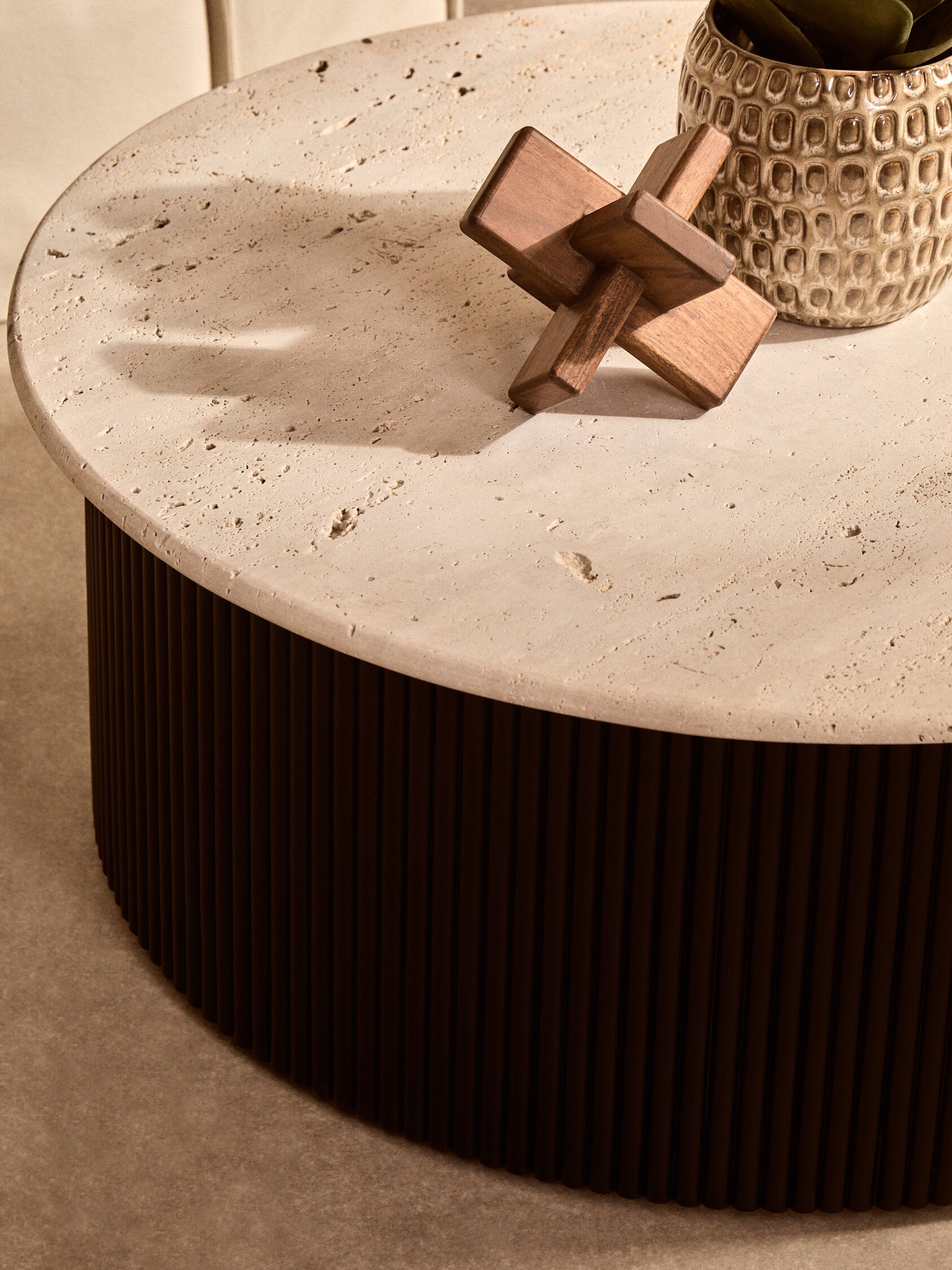 Walton Travertine Top Coffee Table with Black Acacia Wood Base