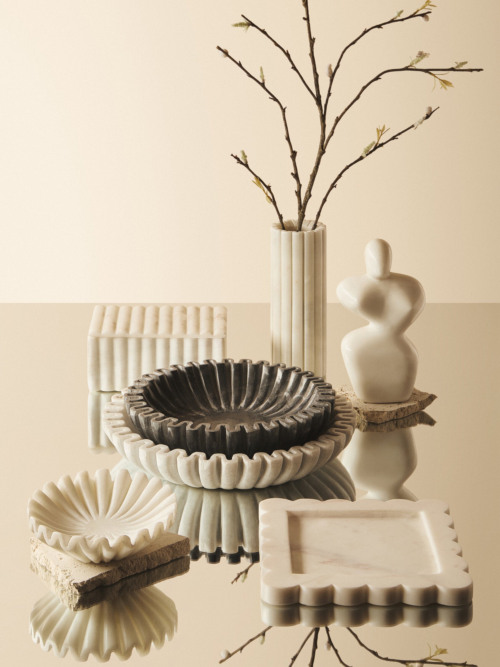 Savio White Fluted Marble Trinket Bowl