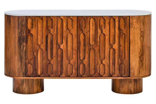 Torcino Marble and Carved Mango Wood Two Door Sideboard