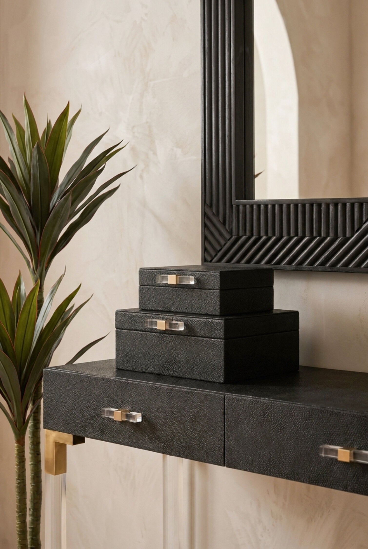 Cardona Set of Two Black Shagreen Effect Trinket Boxes