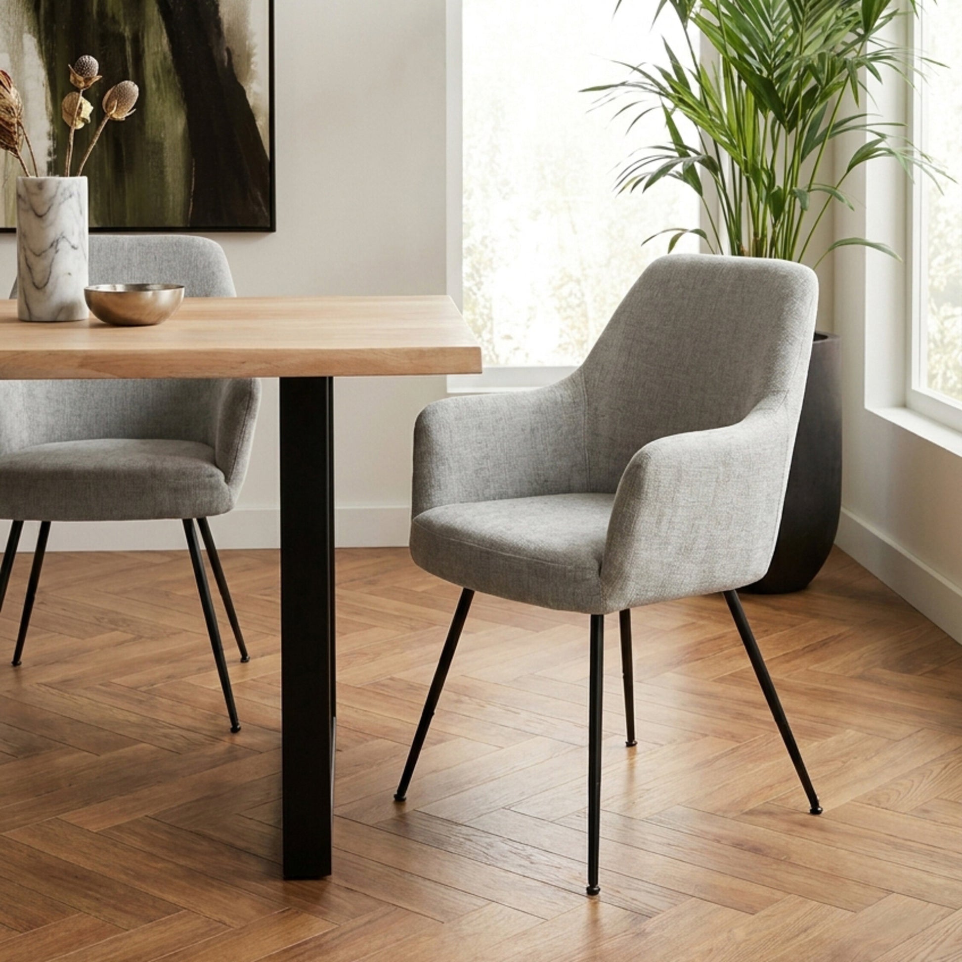Maxwell Set of 2 Light Grey Textured Fabric Dining Chairs with Arms