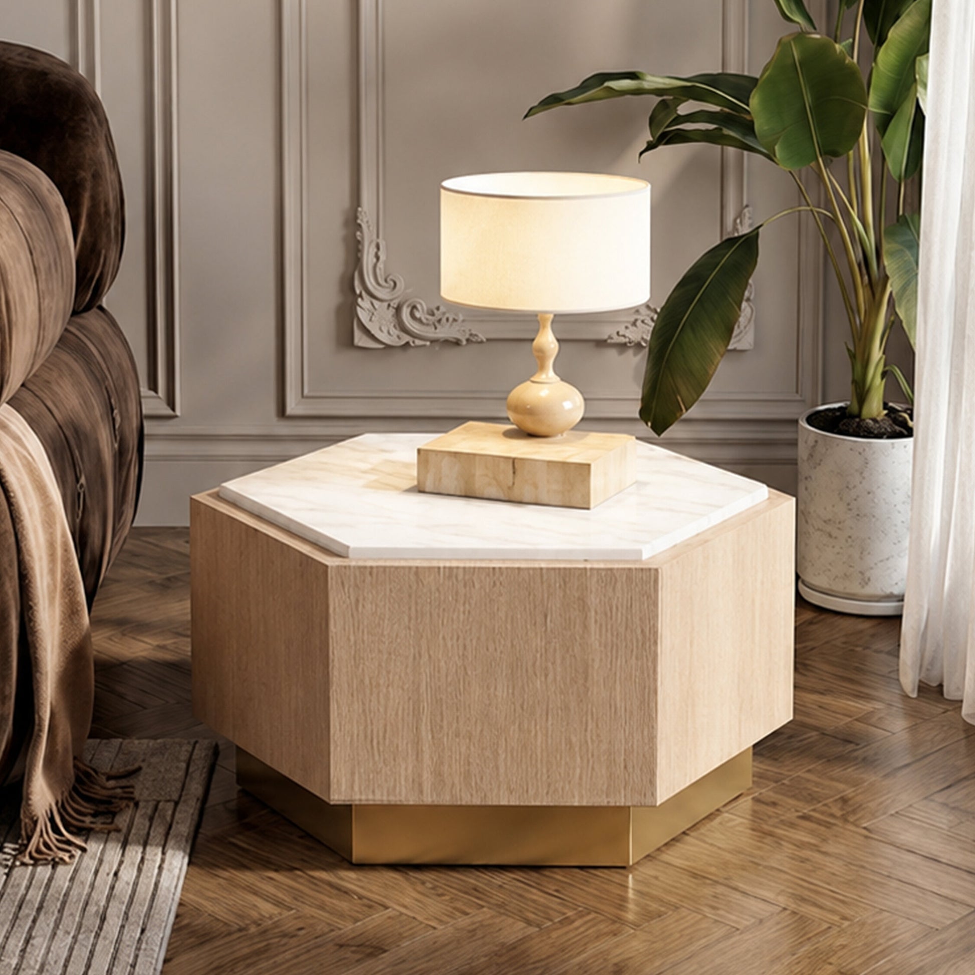 Villi White Marble and Wooden Hexagon Small Side Table