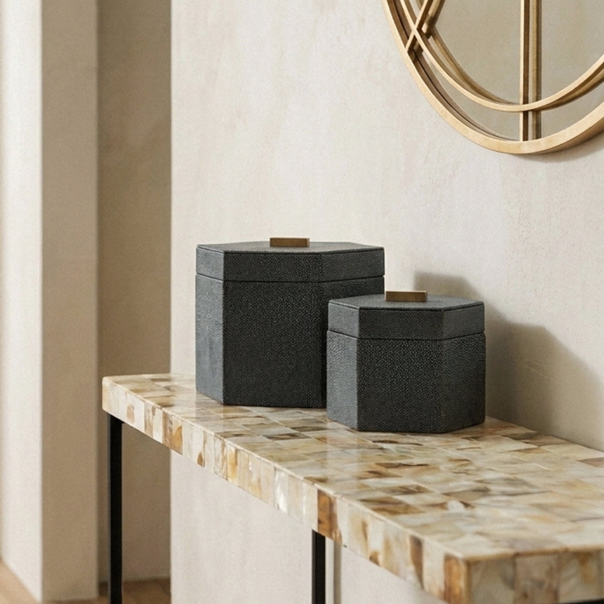 Cardona Set Of Two Hexagonal Blue Shagreen Effect Trinket Boxes