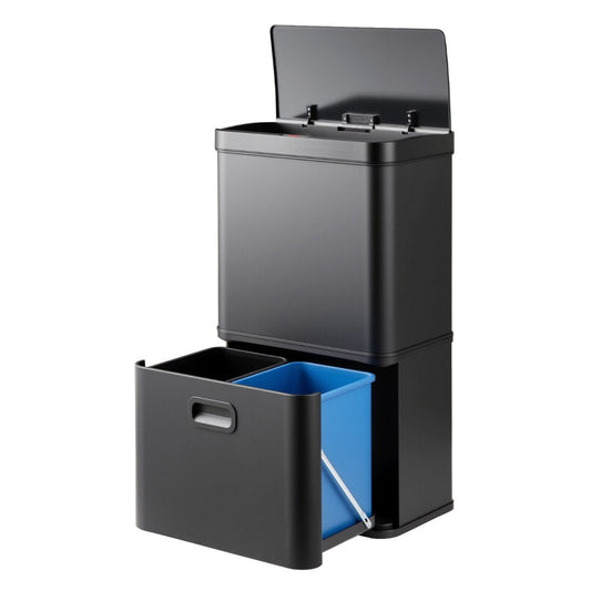 56L Stainless Steel Trash Can Touchless Recycling Garbage Bin-Black