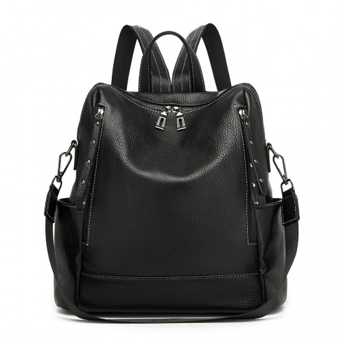 BPM2438 - Miss Lulu Women's Convertible PU Leather Backpack & Shoulder Bag – Versatile 2-in-1 Design - Black