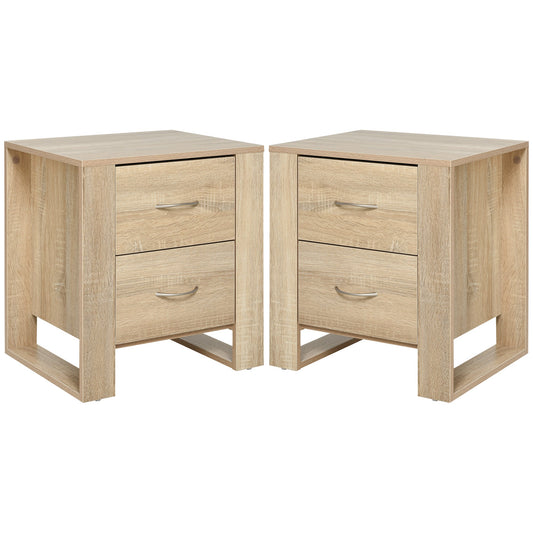 HOMCOM Bedside Table with 2 Drawers, Nightstand with Handles and Elevated Base, Side Table for Bedroom, Living Room, Set of 2, Brown