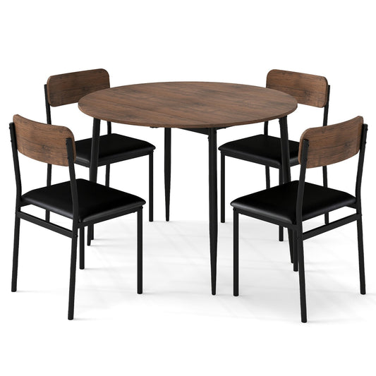 5-Piece Dining Furniture Set Round Table Set with Drop Leaf Tabletop-Brown