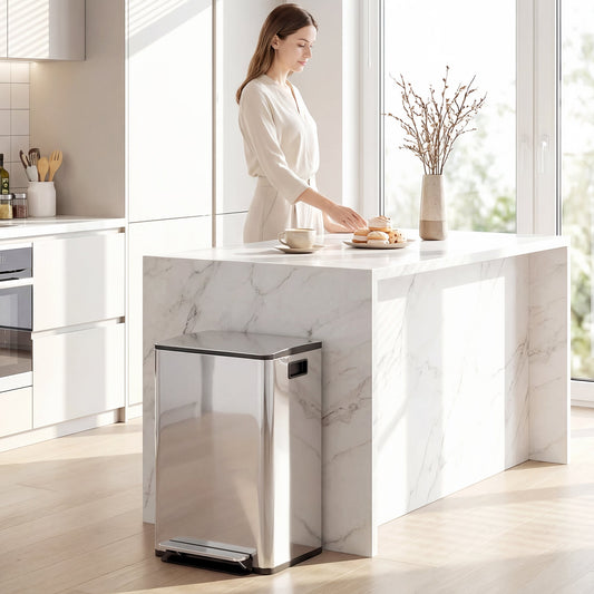 HOMCOM 40L Dual Compartment Stainless Steel Bin, with Deodoriser Holders - Silver Tone