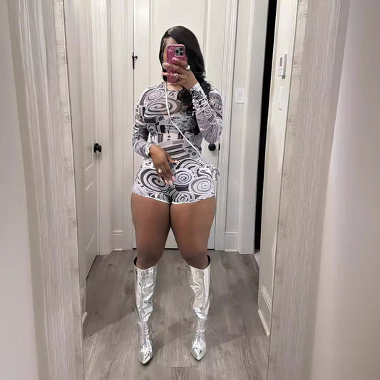 Tight-fitting Printed Crew-neck Stretchy Casual Long-sleeve Shorts Set