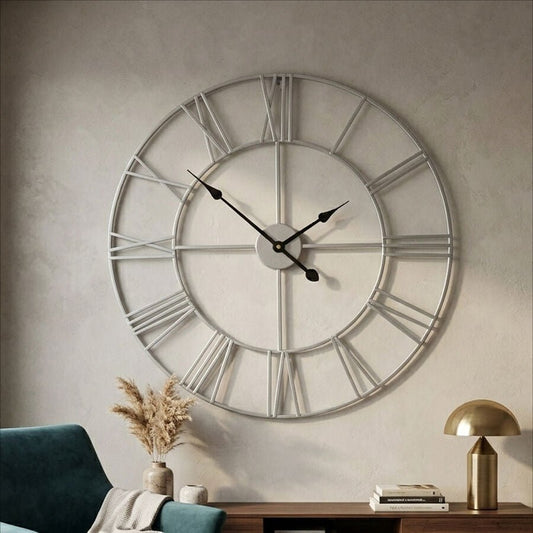 60cm Dia Silver Metal Roman Numeral Wall Clock | Genova | Luxury Home Accessories | Heulog Glow