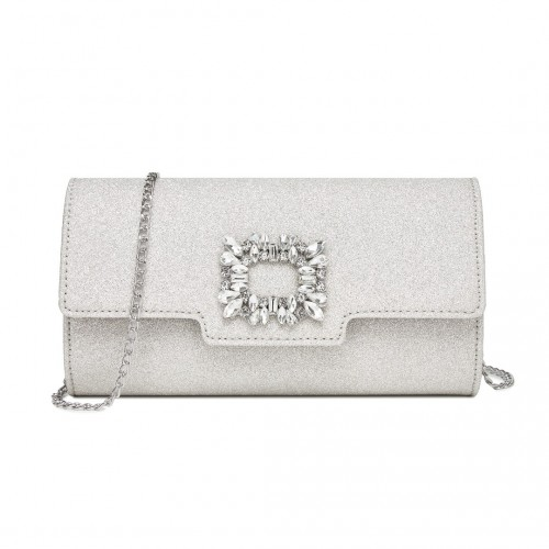 CLM2461 - Miss Lulu Glitter Evening Clutch with Crystal Embellishment & Detachable Chain Strap - Elegant Crossbody or Handheld Bag - Silver