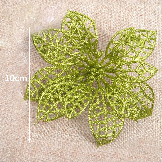 10Pcs/Set Christmas Flowers Xmas Christmas Tree Decorations Glitter Hollow Wedding Party Decor Gold/Silver/Red/Green/Blue 8Z