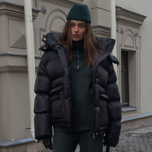 Women's Cottonpadded Overcoat Jacket Square Pocket Cushion Warm Hooded Cotton