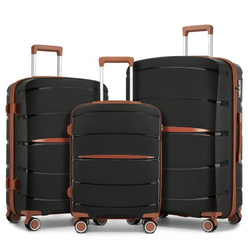 KSK2591 - Kono 20/24/28 inch PP Modern Scratch-Resistant Suitcase Set with TSA Lock & Stylish Brown Accents - Black and Brown