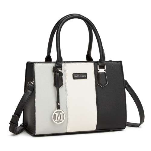 HBM2463 - MISS LULU PU Leather Three-Tone Stitched Shoulder Handbag - Stylish Daily Bag with Adjustable Strap - Grey