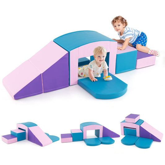 6 Pieces Foam Climbing Blocks Soft Play Climbing for Toddlers with Tunnel-Blue