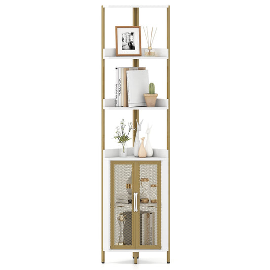 6-Tier Corner Shelf 170CM Tall Corner Bookshelf with Cabinet-White
